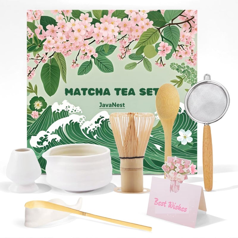 JavaNest 7-Piece Matcha Tea Set with Gift Card – 120-Prong Bamboo Whisk, Ceramic Bowl with Spout, Whisk Holder, Scoop, Spoon, Strainer & Scoop Holder – Ideal Gift for Matcha Lovers (White, 100-Prong) - Image 1